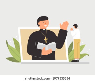 Online Live Sunday Church Service. Catholic Priest Or Pastor Is Giving A Speech To A Boy Through Video Calling.