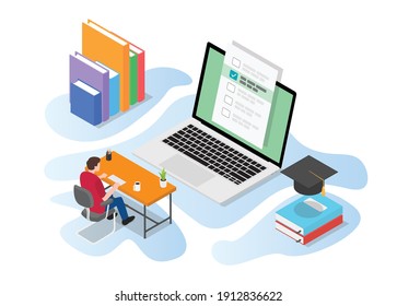 online or live test exam with people study on computer on the desk table with modern isometric style