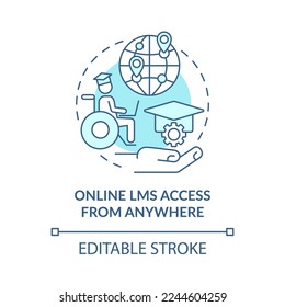 Acceso LMS en línea desde cualquier lugar icono de concepto azul. El sistema de gestión de aprendizaje presenta una ilustración de línea delgada de ideas abstractas. Dibujo de contorno aislado. Trazo editable. Fuentes Arial, Myriad Pro-Bold utilizadas