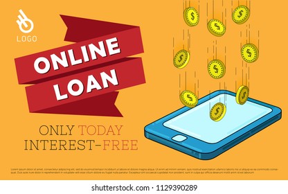 Online loan advertising poster with dollar coins falling into the smart phone and typography on ribbon with place for your logo