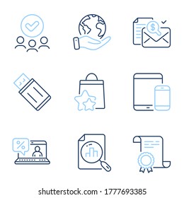 Symbole für Online-Darlehen, Analytics Graphen und Loyalty Punkte. Diploma-Zertifikat, retten Planet, Gruppe von Menschen. Usb flash, Accounting Report und Mobile Geräte Zeichen. Vektorgrafik