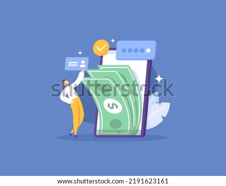 online loan application. online money making app. safe and reliable. a happy user for earning money from a mobile app. technology and finance. illustration concept design. graphic elements