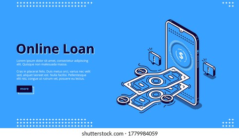 Online loan banner. Financial lending by mobile application or computer. Vector landing page of banking credit online service with isometric smartphone and money cash