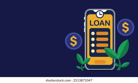 Ilustración en línea del diseño del Anuncio del Vector del concepto del préstamo con el teléfono elegante, icono de la moneda del signo del dólar en un fondo Horizontal azul