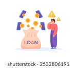 online loan concept. warning to be careful borrowing money in various loan applications. illustration of a man feeling or looking worried because of borrowing money. flat style design. elements
