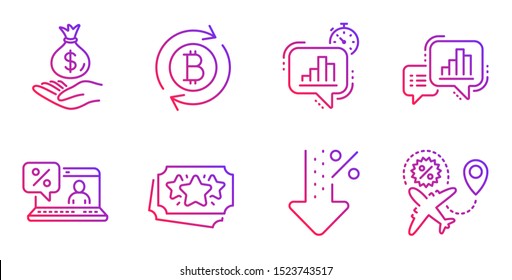 Online loan, Graph chart and Refresh bitcoin line icons set. Statistics timer, Loyalty points and Low percent signs. Income money, Flight sale symbols. Discount percent, Growth report. Vector