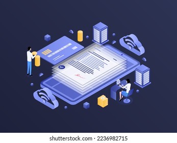 Online Loan Isometric Dark Gradient Illustration. Suitable for Mobile App, Website, Banner, Diagrams, Infographics, and Other Graphic Assets.