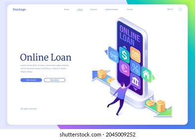 Online loan isometric landing page  banking credit service and tiny man use smartphone application to get lending money payment  Financial concept  mobile app for digital device  3d vector web banner