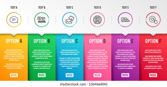 Online loan, Metro subway and Share mail icons simple set. Chat, Truck transport and Like button signs. Discount percent, Underground. Technology set. Infographic template. 6 steps timeline. Vector