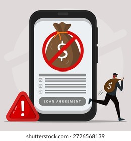Advertencia de estafa de préstamos en línea tenga cuidado con el concepto de fraude financiero. Un hacker robando una bolsa de dinero con la pantalla de un teléfono inteligente que muestra un signo de bloqueo de Acuerdos de préstamos falsos.