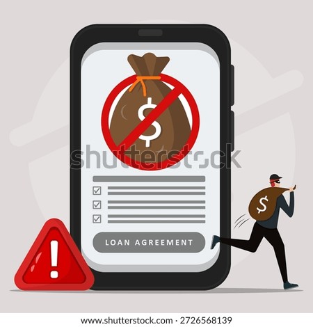 Online loan scam warning beware of financial fraud concept. A hacker stealing money bag with smartphone screen showing blockade sign of fake loan agreements.
