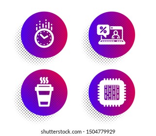 Online Loan, Takeaway And Time Icons Simple Set. Halftone Dots Button. Cpu Processor Sign. Discount Percent, Takeout Coffee, Clock. Computer Component. Business Set. Vector