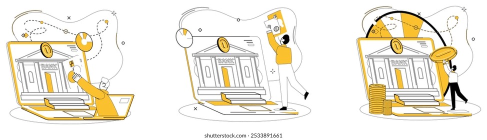 Online loan vector illustration. Business success sets sail on ship online loans, propelled by winds financial support Money becomes ally business growth through portal online loans and investments