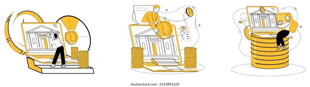 Ilustração de vetor de empréstimo online. O futuro da moeda flui sem esforço através de conduits online empréstimos Navegar financiamento ciberespaço com bússola serviços de empréstimos on-line confiáveis Dinheiro transcende a física