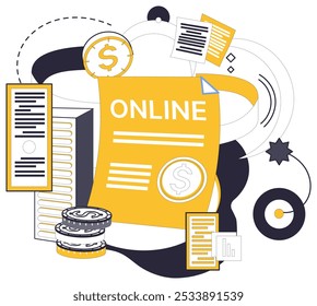 Ilustração de vetor de empréstimo online. E commerce é uma união de descendentes entre tecnologia e artesanato empréstimos on-line Transações de negócios se tornam dança perfeita quando orquestrado por empréstimos on-line ritmo