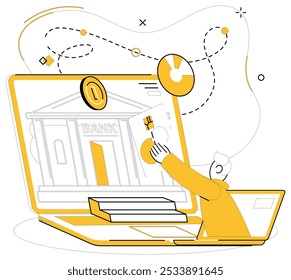 Ilustração de vetor de empréstimo online. Navegar na paisagem on-line com bússola serviços financeiros seguros e empréstimos on-line Dinheiro transcende fronteiras físicas em ethereal reino empréstimos on-line e digital