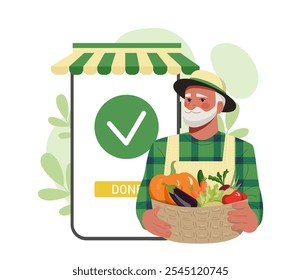 Tienda local en línea. Anciano con cesta de verduras. Los agricultores venden cosechas y cultivos en Internet. Comercio Electrónica y marketing. Ilustración vectorial plana aislada sobre fondo blanco