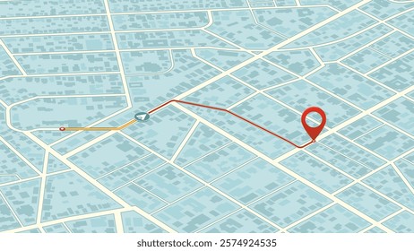 Online location tracking of arrive time on city map. Location tracker dashboard with place mark. . Huge city map with roads streets as background. Vector illustration