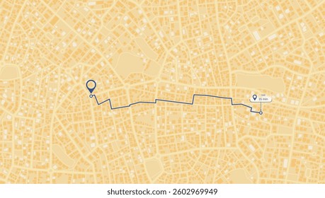 Online location tracking of arrive time on city map. Location tracker dashboard with place mark. Huge city map with roads streets as background. Vector illustration