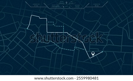 Online location tracking with data of arrive time on city map. Huge city map with roads streets as background. Map of city in blue colors. Vector illustration