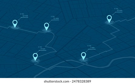 Online location tracking. Huge city map with roads streets as background. Map of city in blue and white colors. Vector illustration.