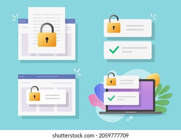 Online locked digital web access set or electronic password protected permission concept flat cartoon vector illustration, restricted login form in browser authorization, secure safety tech icon