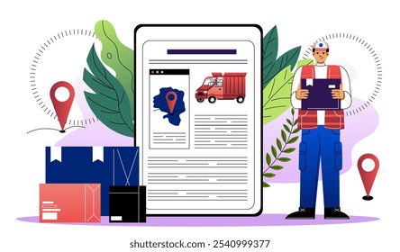 Online logist with boxes. Man near cardboard boxes. Shipping and transportation, logistics. Import and export of goods. Flat vector illustration isolated on white background