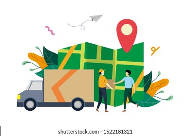 Online logistic delivery service, order tracking flat illustration with small people concept vector template, suitable for background, ui, ux, advertising illustration