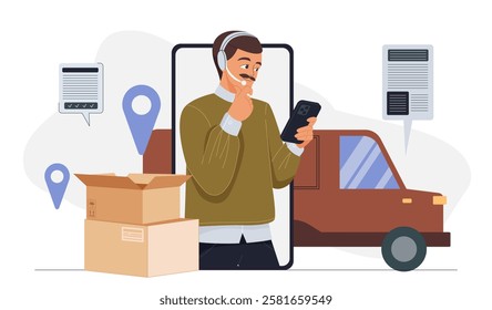 Online logistician man. Young guy with smartphone in headset answers calls. Organization of logistics and delivery, shipping and transportation. Import and export. Flat vector illustration