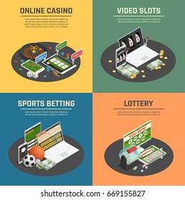 Online Lottery Casino Sports Poker Gambling And Video Slot Machines 4 Isometric Icons Concept Isolated Vector Illustration  