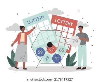 Online lottery concept. Men and woman take out balls with numbers from slot machine. Poster or banner for website. Gambling and entertainment, success and luck. Cartoon flat vector illustration