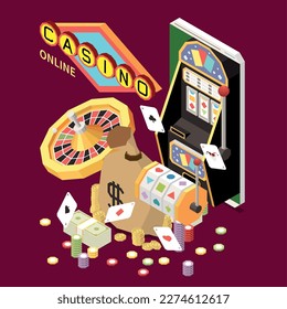 Online lottery gambling casino isometric composition with chips and cards roulette slot machine images and text vector illustration