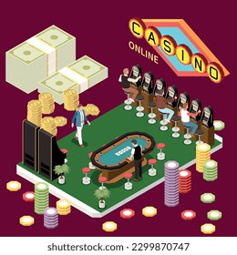 Online lottery gambling casino isometric composition with icons of signboard chips and money with player characters vector illustration
