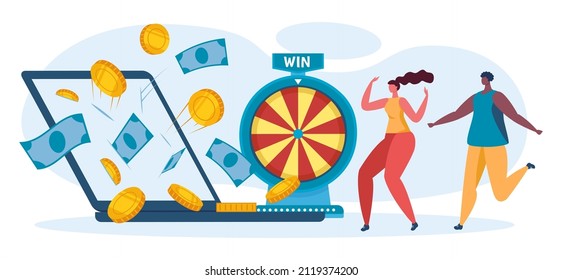 Online Lottery Game Concept. Internet Gambling, Man And Woman Winning Jackpot. Banknotes And Gold Coins Falling To Laptop. Cartoon Characters Winning Money, Players Spinning Wheel Vector