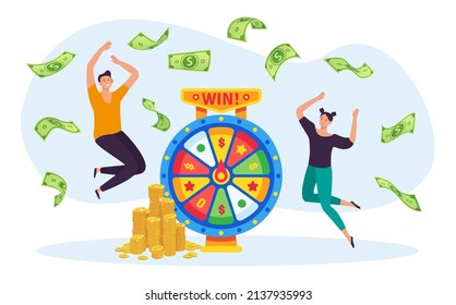 Online Lottery Game Concept. Man And Woman Winning Jackpot On Spinning Wheel. Characters Jumping, Money Banknotes Falling Down. Gambling, Cartoon People Having Lucky Chance In Game Vector