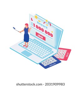 Online lottery isometric icon with computer tickets and winner 3d vector illustration