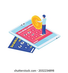 Online lottery isometric icon with scratch cards gadget and character holding gold coin 3d vector illustration