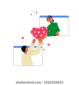 Online Love Connection In Flat Vector Illustration Symbolizing Long-Distance Relationships, Communication, And Affection, Isolated On White Background