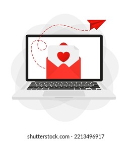 Online love envelope. laptop , digital device. valentine's day email. Vector illustration