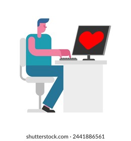 Online love. Virtual love relationships. Love correspondence on Internet. guy at computer writes to his beloved. Online dating.