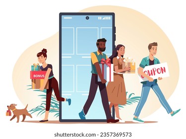 Online loyalty program discounts for shoppers people. VIP clients men, women persons coming out of mobile phone carrying coupon, bonus gifts. Marketing reward benefits concept flat vector illustration