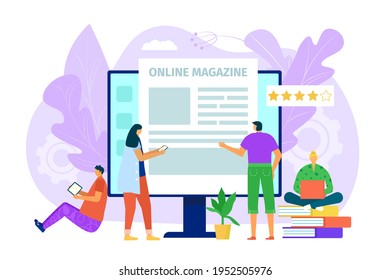 Online magazine concept, newspaper at computer technology, vector illustration. Social media information for flat man woman people character.