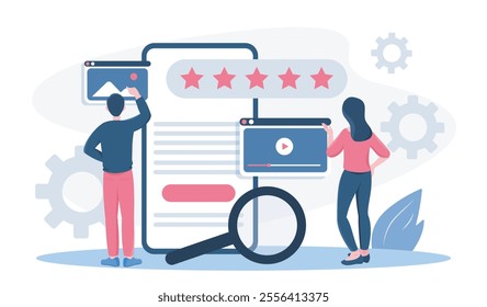 Online magazine editor. Man and woman developing content for website. People upload image and video. Mass media and journalists. Flat vector illustration isolated on white background