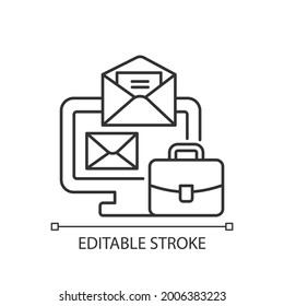 Icono lineal de correo en línea. Recibir correo electrónico de negocios. Mensaje para información corporativa. Ilustración personalizable de línea delgada. Símbolo de contorno. Dibujo de contorno aislado del vector. Trazo editable