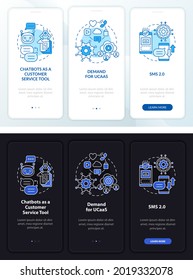 Online mailing onboarding mobile app page screen. Customer service tool walkthrough 3 steps graphic instructions with concepts. UI, UX, GUI vector template with linear night and day mode illustrations