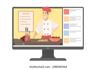 Online male chef from computer screen with recepts.