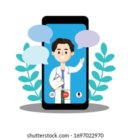 
Online male doctor, future medical consultant with patients through mobile screens , bubble speech conversations. Vector illustration flat