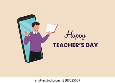 Online male teacher with book on smartphone screen. Happy teacher's day. International teacher's day concept. Vector illustration.