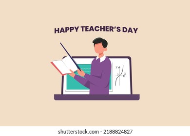 Online male teacher with pointer on computer monitor. Happy teacher's day. International teacher's day concept. Vector illustration.