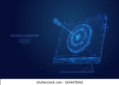 Online management concept. Polygonal target with arrow on pc monitor screen or display. Low poly wireframe digital vector illustration. Blue polygons, particles and connected dots. Starry sky art.